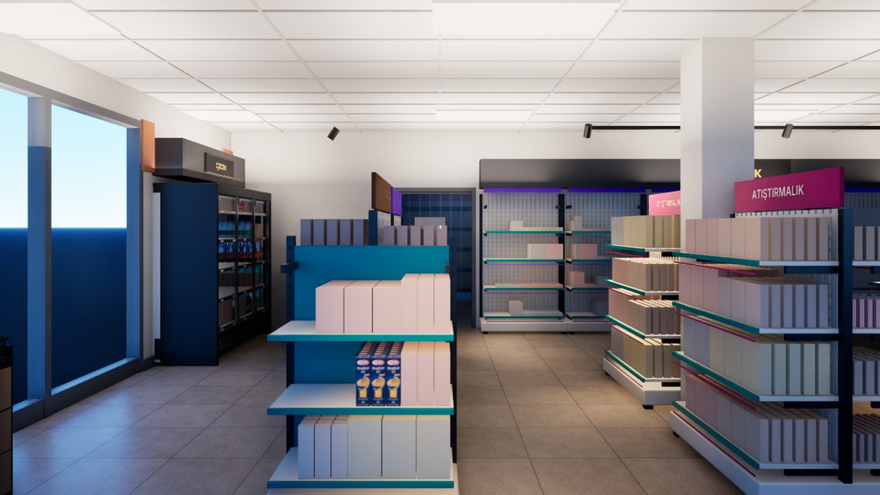 Aisles of shelving with category signs in a mid-sized market.