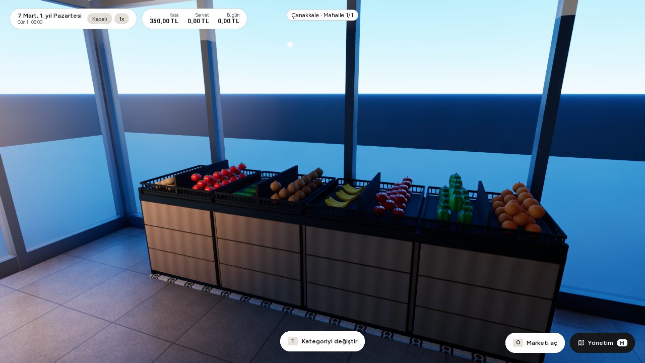 Gameplay view of the first store: a produce stand of tomatoes, bananas, apples and oranges, with the game's top bar showing cash and the date.