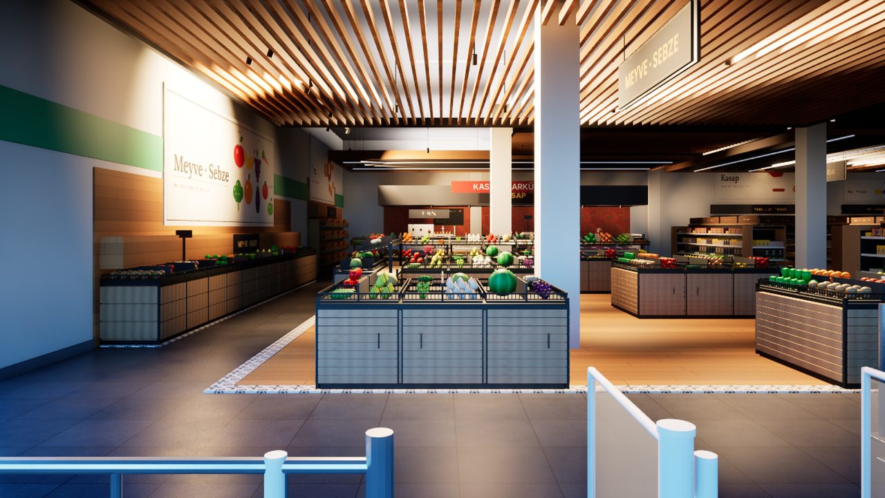Inside a large supermarket in the game: produce islands under a slatted wooden ceiling, with the checkout lanes in the foreground.